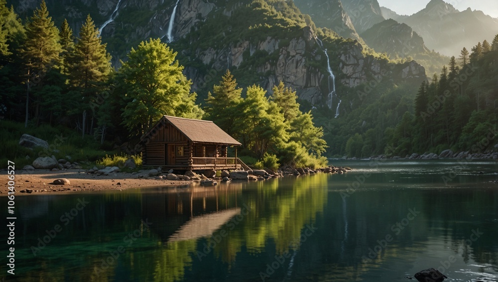 Fototapeta premium photo of a beautiful wooden house on the edge of a lake made by AI generative