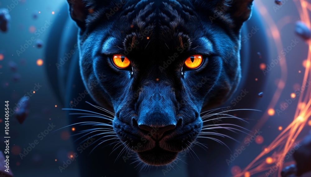 Fierce Anthropomorphic Panther with Orange Eyes and Intricate Markings Fierce Anthropomorphic Panther with Orange Eyes and Intricate Markings