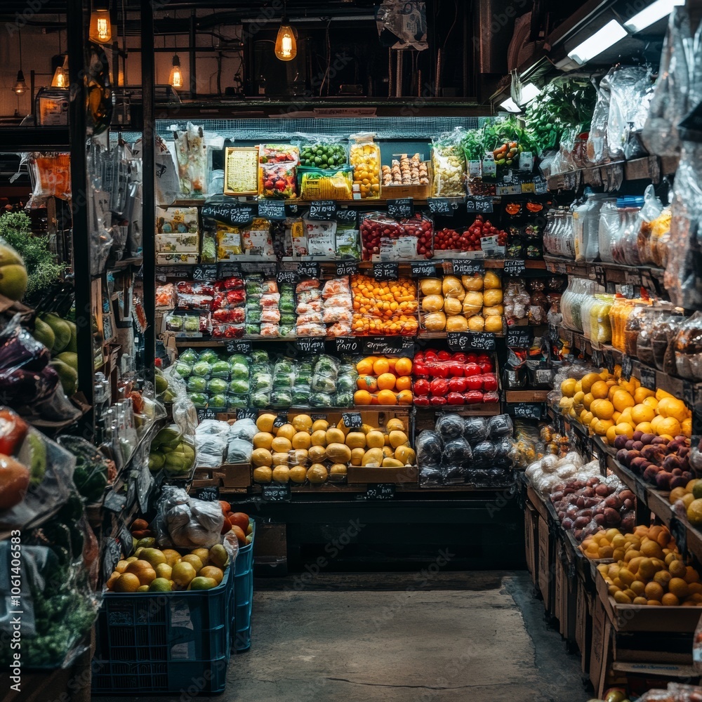 Obraz premium Fresh Produce Market Stall with Colorful Fruits and Vegetables