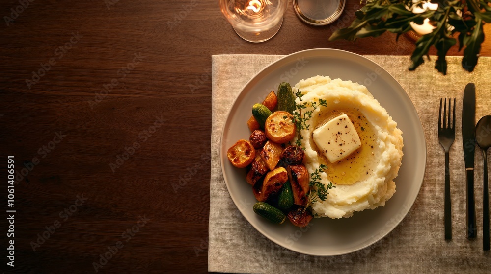 Plate of classic mashed potatoes topped with a pat of melting butter and a sprinkle of herbs, alongside roasted vegetables, evoking a comforting, homestyle meal. Plate of classic mashed potatoes topped with a pat of melting butter and a sprinkle of herbs, alongside roasted vegetables, evoking a comforting, homestyle meal.