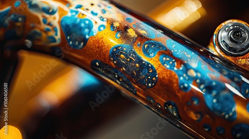 Close-up of a metallic object with blue and gold paint photo