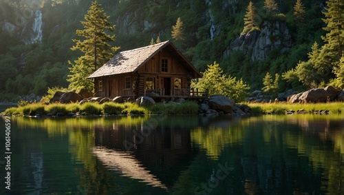 photo of a beautiful wooden house on the edge of a lake made by AI generative