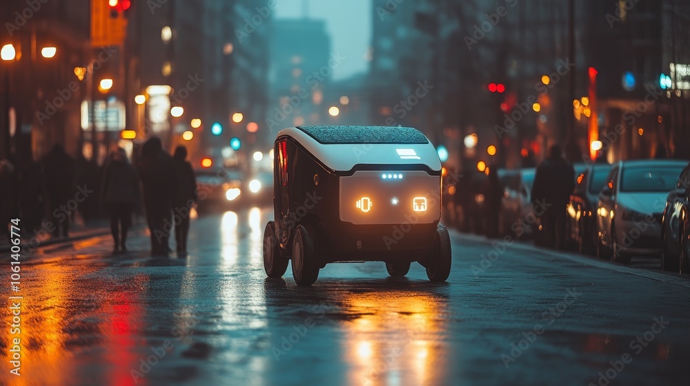 Futuristic delivery robot driving through a city street at night Futuristic delivery robot driving through a city street at night
