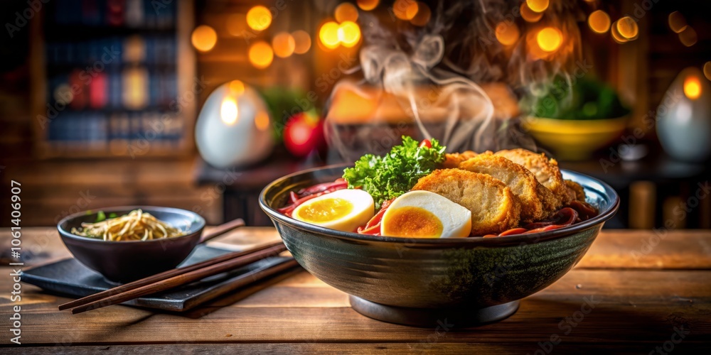 Night Photography of Delicious Chicken Katsu Ramen with Egg, Crispy Chicken Katsu, Fresh Vegetables, and Aromatic Broth in a Cozy Restaurant Setting Night Photography of Delicious Chicken Katsu Ramen with Egg, Crispy Chicken Katsu, Fresh Vegetables, and Aromatic Broth in a Cozy Restaurant Setting