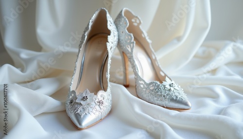 Elegant Silver High-Heeled Shoes with Intricate Lace Accents Displayed.