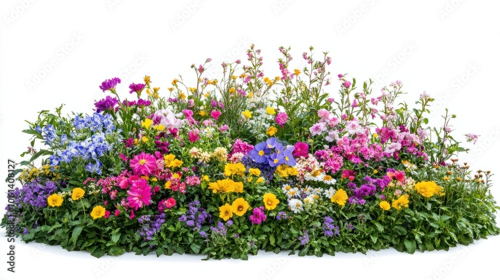 Obraz premium Dense flower garden with mixed blooms in vivid colors isolated on white