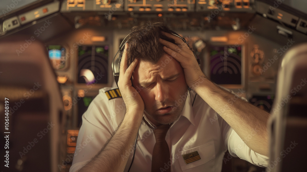 Pilot sitting in cockpit, looking frustrated and holding head, surrounded by flight instruments and control panels, capturing stress and responsibility in aviation, pilot error concept. Pilot sitting in cockpit, looking frustrated and holding head, surrounded by flight instruments and control panels, capturing stress and responsibility in aviation, pilot error concept.