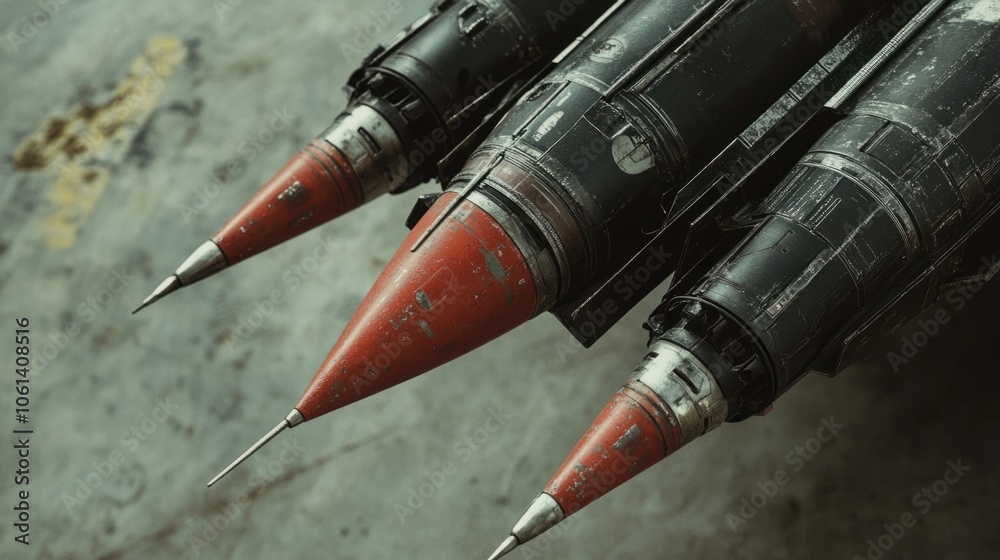 Naklejka premium Detailed view of missile warhead and fins, capturing a sense of technological advancement, on a plain background