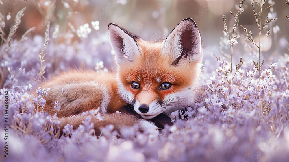 Fototapeta premium Red Fox Kit Resting in Purple Flowers