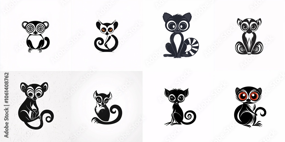 Playful lemur logo collection showcasing exaggerated eyes, curled tail, and unique markings with minimalist lines and gentle textures on a white background. Playful lemur logo collection showcasing exaggerated eyes, curled tail, and unique markings with minimalist lines and gentle textures on a white background.