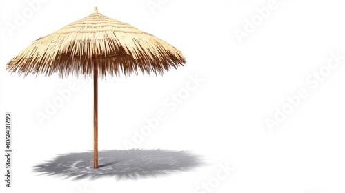 Elegant straw beach umbrella with textured canopy and simple shadow on white