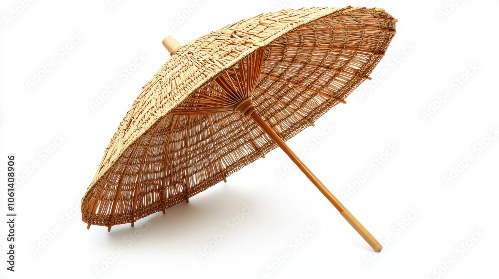 Obraz premium Elegant straw umbrella with woven canopy isolated on a white background