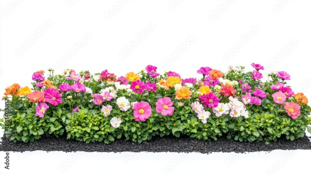 Flower garden bed with colorful blooms, isolated on white background, lush and green Flower garden bed with colorful blooms, isolated on white background, lush and green