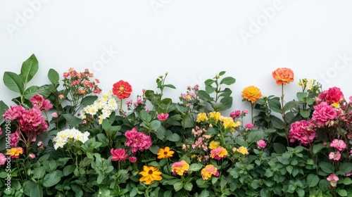 Wallpaper Mural Flower garden scene with mixed blooms and green leaves on a white background Torontodigital.ca