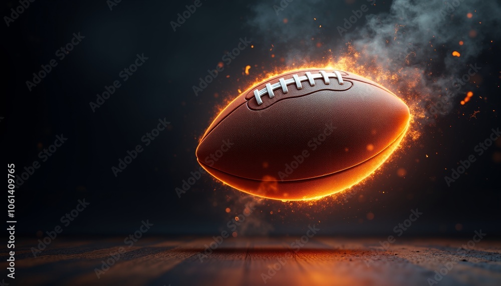 Brown Leather Football Surrounded by Glowing Embers in Motion. Brown Leather Football Surrounded by Glowing Embers in Motion.