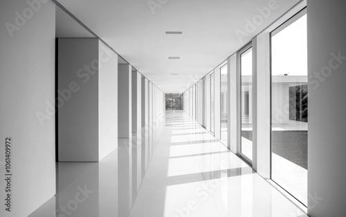 Modern corridor with sleek design and natural light in a minimalist building during the day