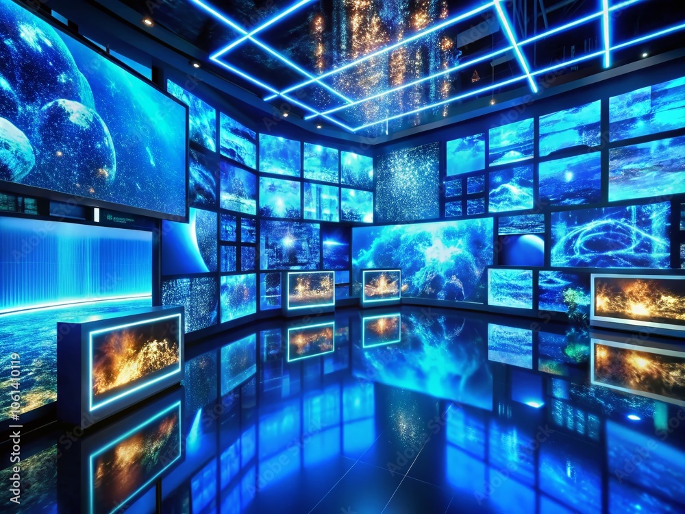 Futuristic High-Tech Room with Multiple Screens Displaying Blue Visuals for Immersive Conceptual Photography Futuristic High-Tech Room with Multiple Screens Displaying Blue Visuals for Immersive Conceptual Photography