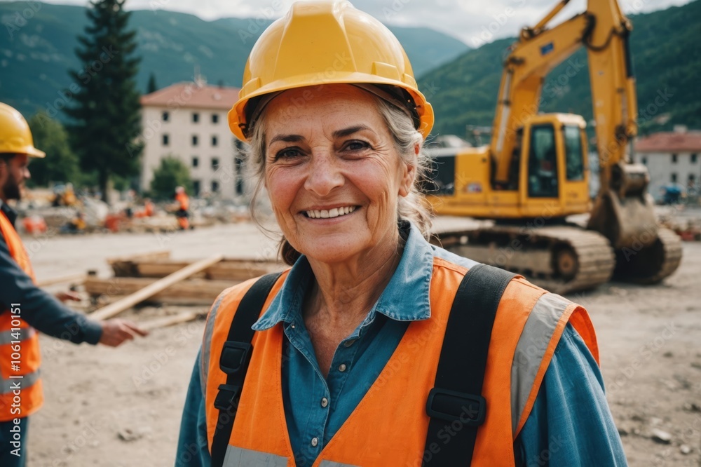 Close portrait of a smiling senior Montenegrin woman construction worker looking at the camera, Montenegrin outdoors construction site blurred background Close portrait of a smiling senior Montenegrin woman construction worker looking at the camera, Montenegrin outdoors construction site blurred background