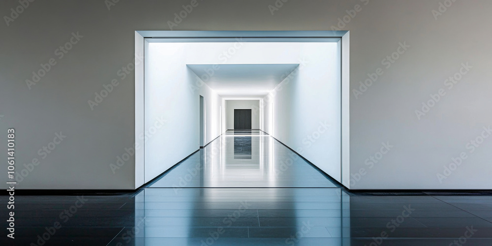 Modern architectural hallway with reflective surfaces in a minimalist design Modern architectural hallway with reflective surfaces in a minimalist design