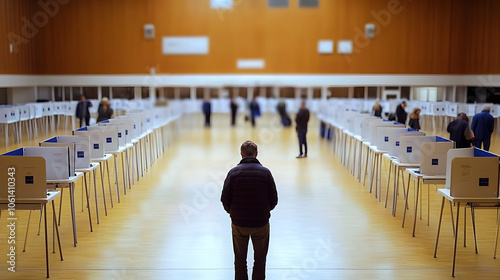 A view of voters inside a polling station with voting booths lined up representing the organization and structure of the election process Large space for text in center Stock Photo with copy space