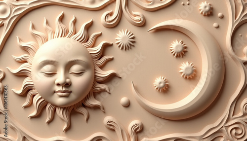 Sun and moon clay motif background, stylized sun and moon faces sculpted in soft beige and earthy clay tones, mystical and organic photo