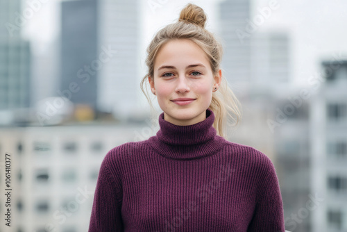 Germany woman wearing turtleneck sweater standing among skyscrapers photo