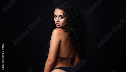 Elegant woman poses confidently in a black bikini against a dark backdrop