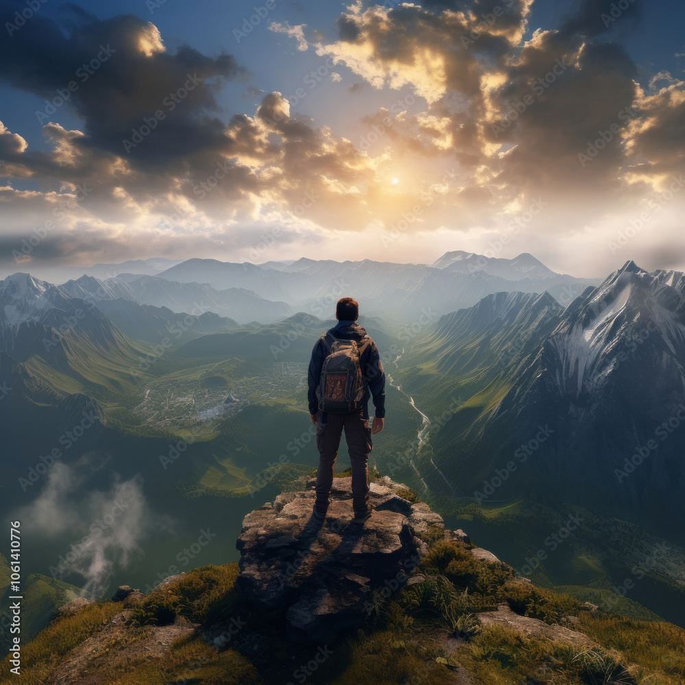 Photo of a backpacker on the top of the mountain. Photo of a backpacker on the top of the mountain.