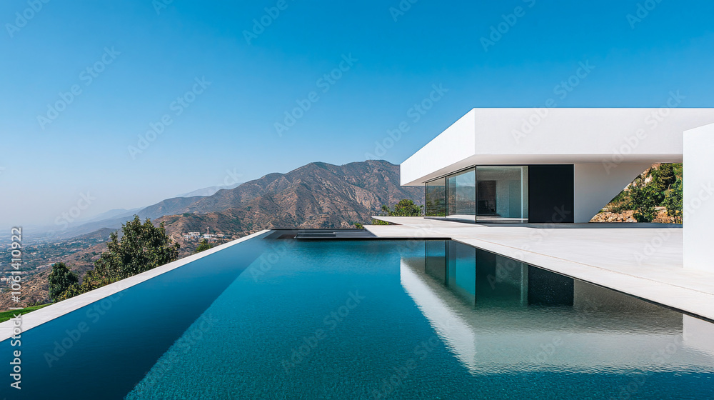 Fototapeta premium Modern architectural design of a hillside villa with infinity pool overlooking mountains
