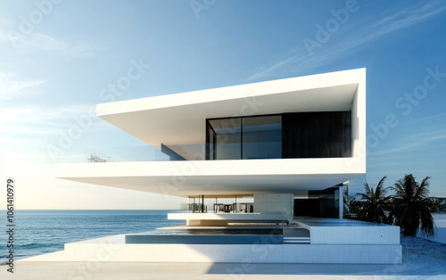 Modern coastal house with sleek architecture and ocean views during sunset