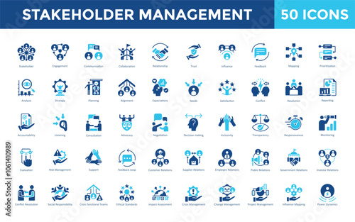 Stakeholder Management icon set with stakeholder, engagement, communication, collaboration, relationship, trust, influence, feedback, mapping, prioritization icon. Simple flat vector 
