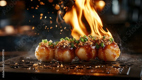 Freshly made Japanese takoyaki being cooked on a hot griddle, photo