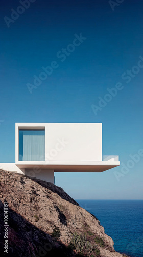 Modern cliffside house overlooking the ocean under a clear blue sky photo