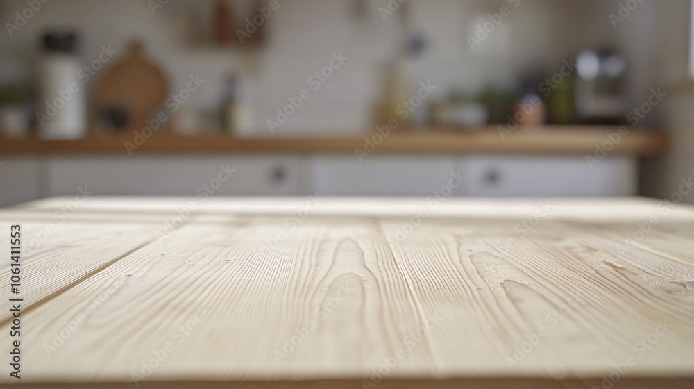 Empty Beautiful wood table top and blur bokeh modern kitchen interior background in clean and bright, Ready for product montage
