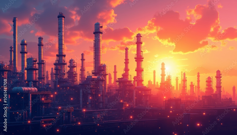 Vibrant Digital Background of Industrial Refinery at Sunset Colors. Vibrant Digital Background of Industrial Refinery at Sunset Colors.
