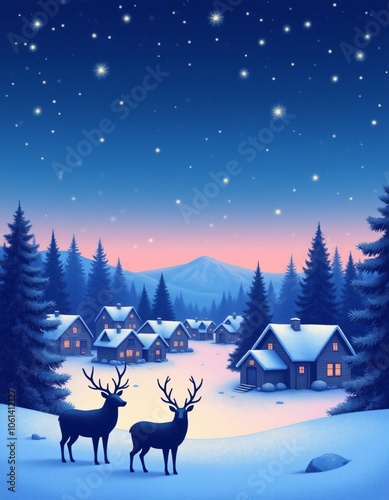 Two reindeer in the snow in a winter pine forest