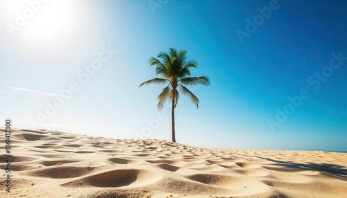 Single palm tree on a sunny tropical beach with clear blue skies.