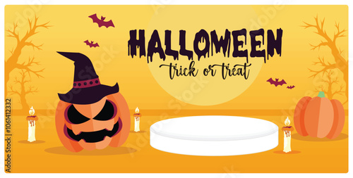 Halloween shopping promotion with a podium. Pumpkins, candles, and bats on an orange background. Halloween concept. Flat vector illustration.