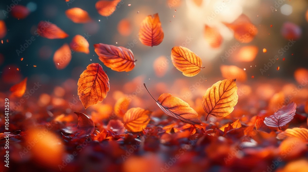 Leaves fall from the sky in a field of red and orange