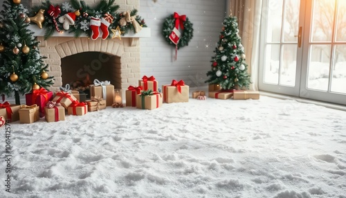 Indoor Christmas fireplace scene with a decorated tree and presents.