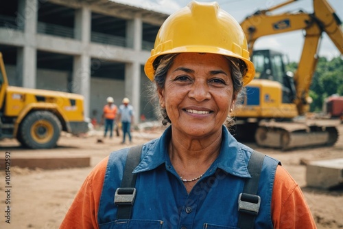 Close portrait of a smiling senior Panamanian woman construction worker looking at the camera, Panamanian outdoors construction site blurred background