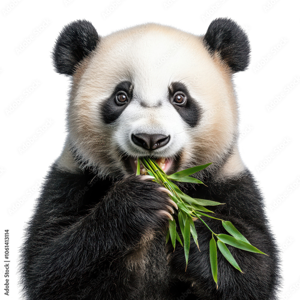 Naklejka premium Panda eating bamboo against a isolated on transparent background.
