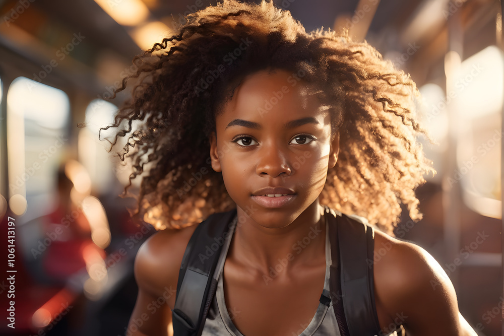 A young woman with curly hair and a backpack is walking down a subway train A young woman with curly hair and a backpack is walking down a subway train