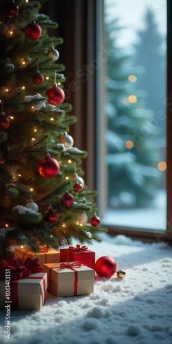 Christmas tree with presents in a snowy setting, viewed through a frosty window.