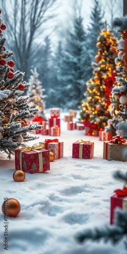 Outdoor Christmas scene with decorated trees and presents in the snow.