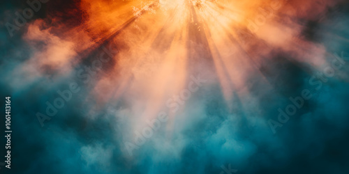 Celestial Inferno: Abstract smoke art with dramatic lighting, fiery orange and deep teal hues creating a mystical and ethereal atmosphere.