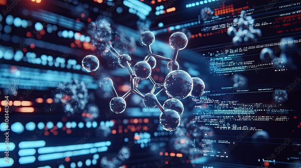 Fototapeta premium A 3D Molecular Structure Floating Over Computer Code