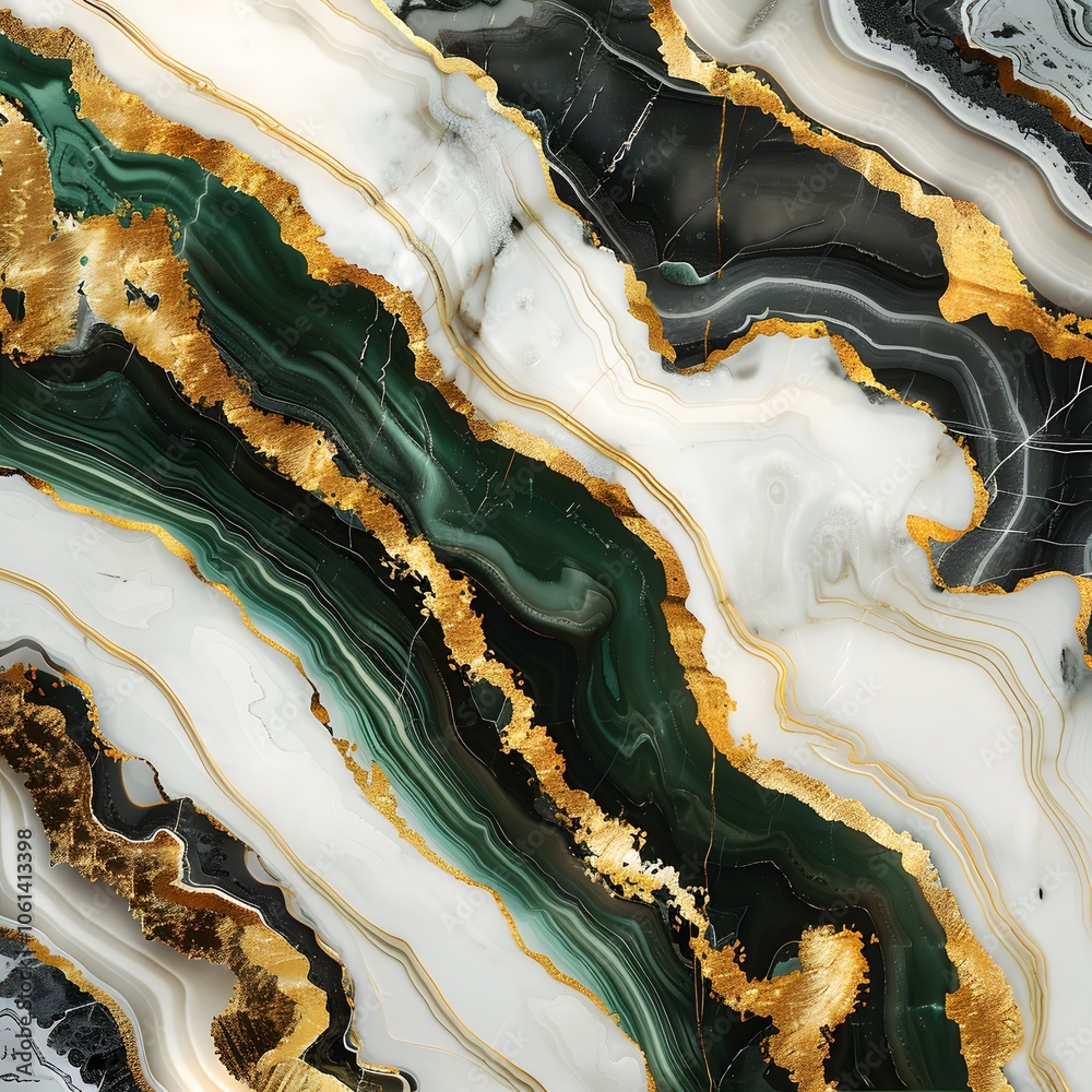 A close-up of a decorative stone surface with intricate patterns in green, gold, and white. A close-up of a decorative stone surface with intricate patterns in green, gold, and white.