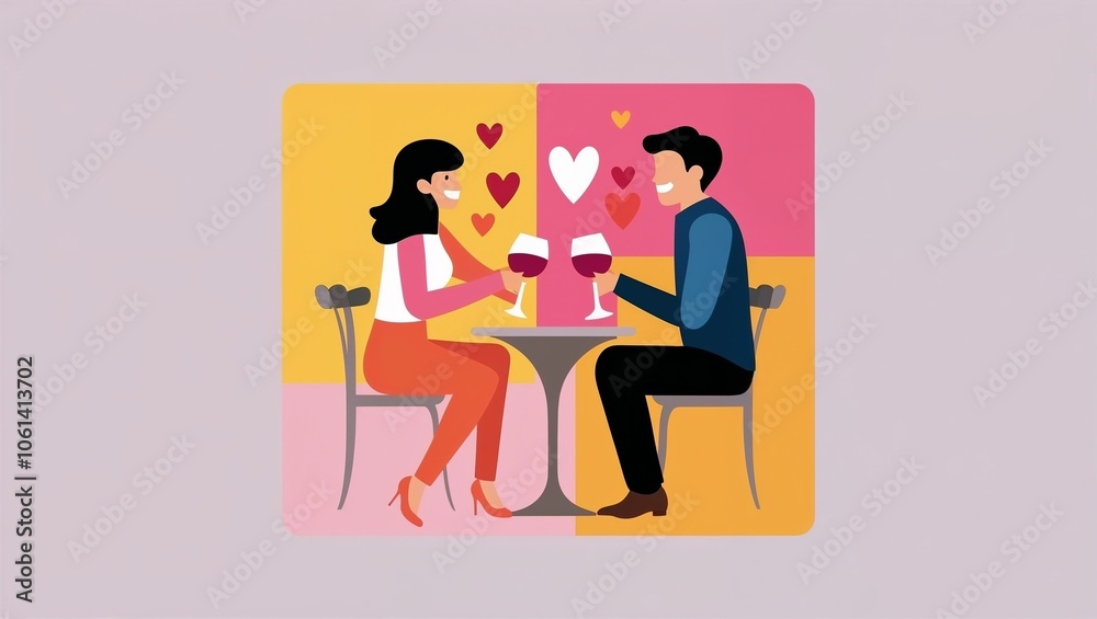 Cartoon couple on a romantic date with wine glasses and hearts Cartoon couple on a romantic date with wine glasses and hearts