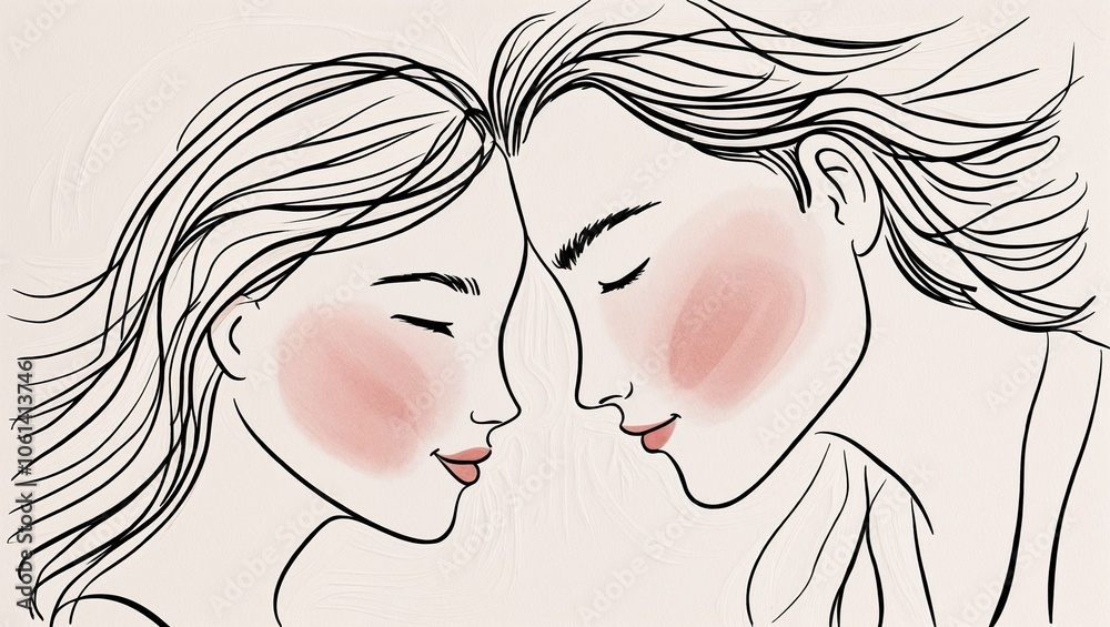 Line art couple touching foreheads with gentle expressions Line art couple touching foreheads with gentle expressions